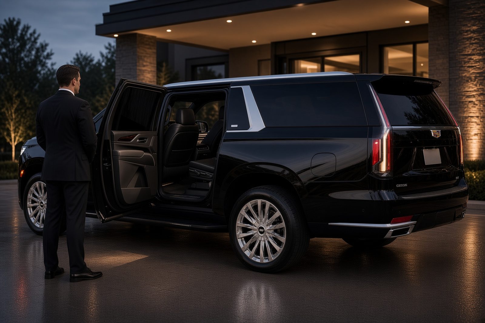 Chauffeur in a dark suit at the open rear door of a black Cadillac Escalade