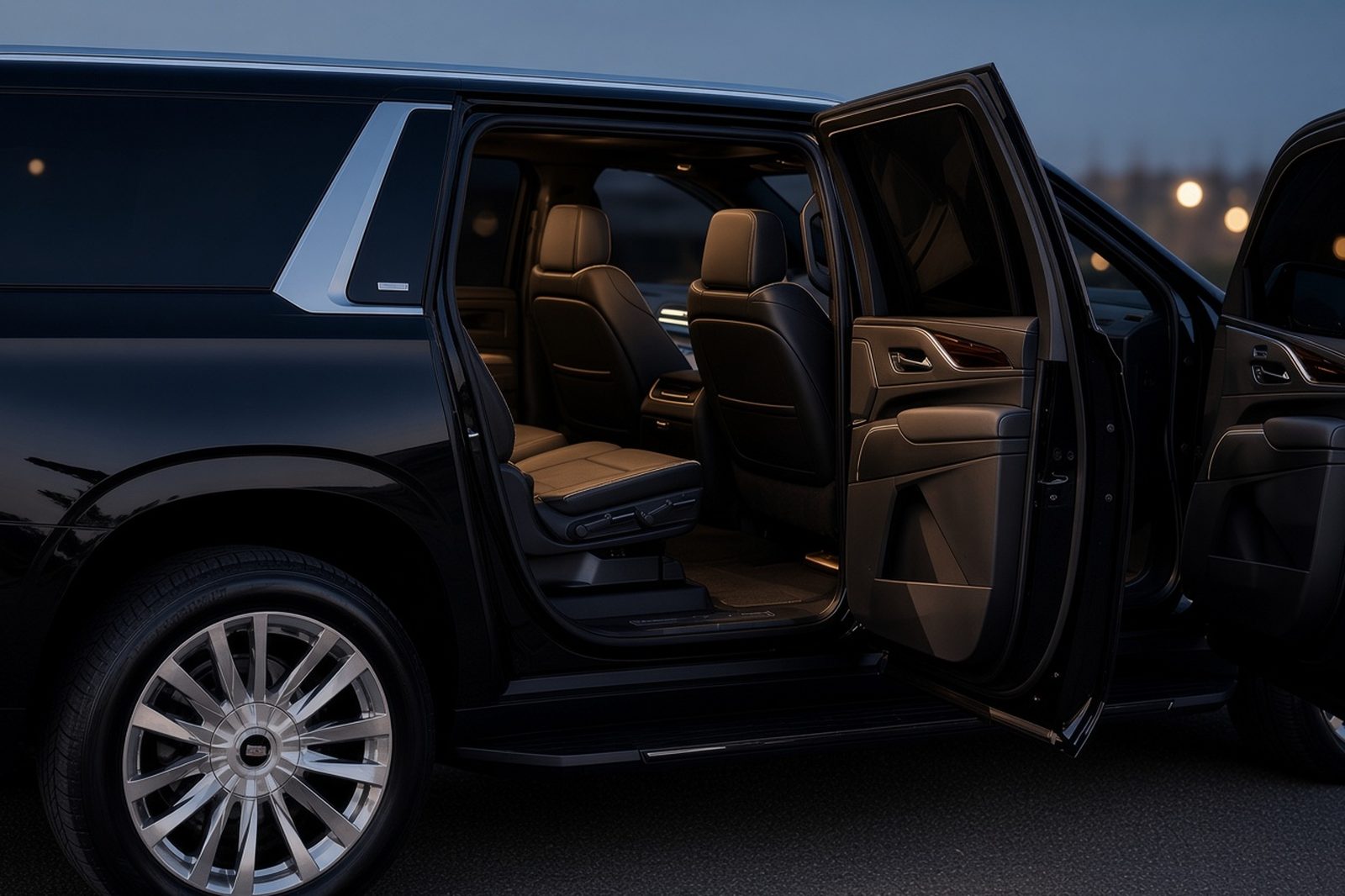 Cadillac Escalade with the rear door open showing the passenger cabin