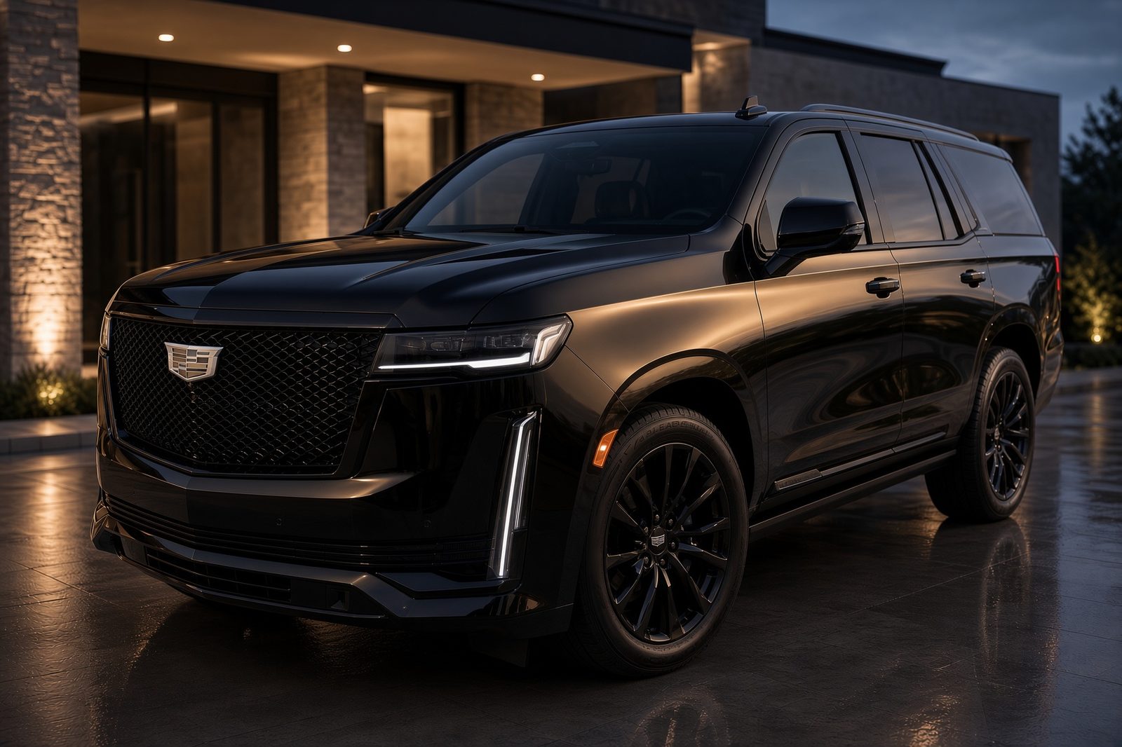 Black Cadillac Escalade at a covered entrance in the evening