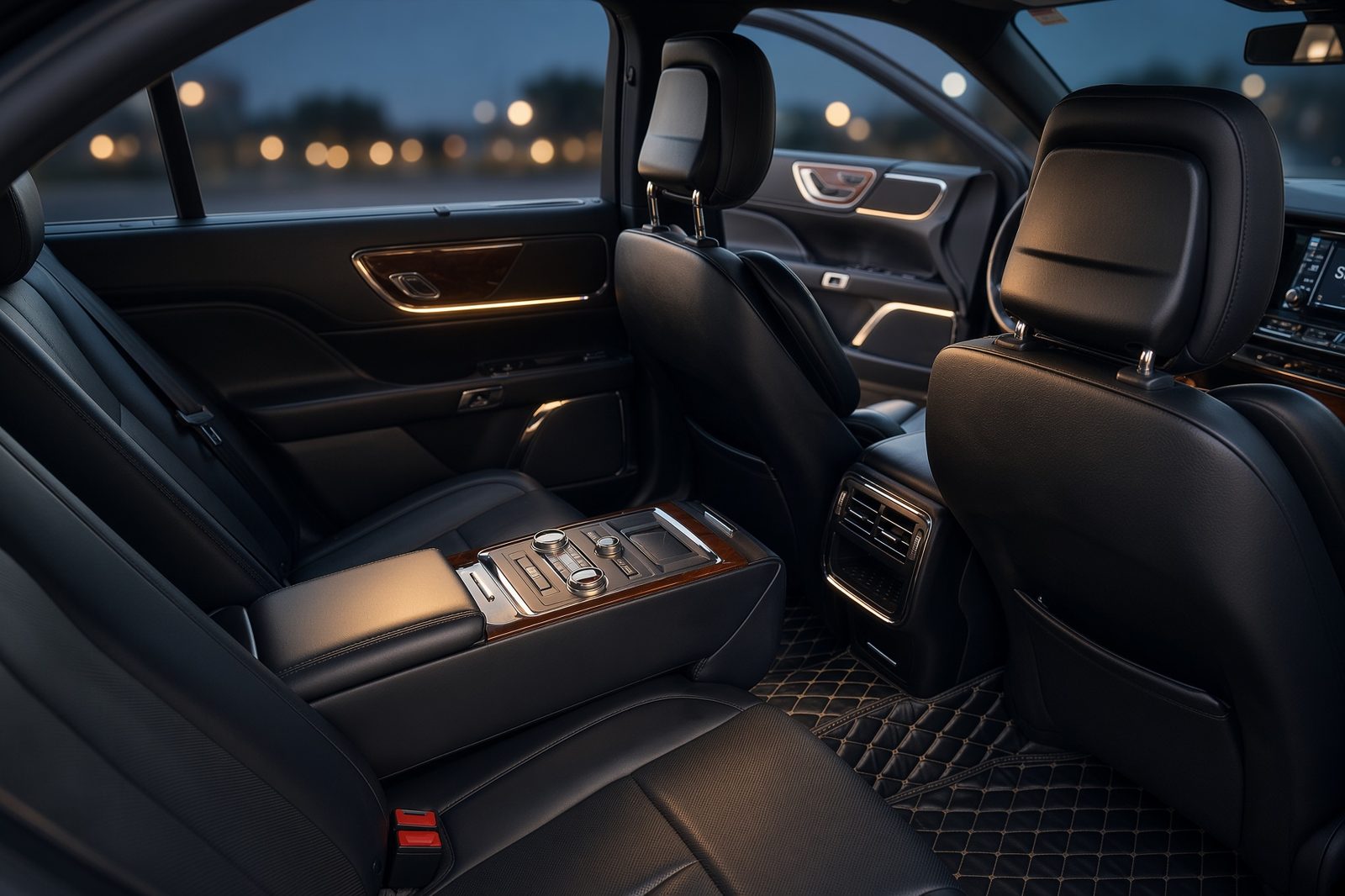 Rear passenger cabin of a Lincoln Continental with black leather seating and a rear centre console