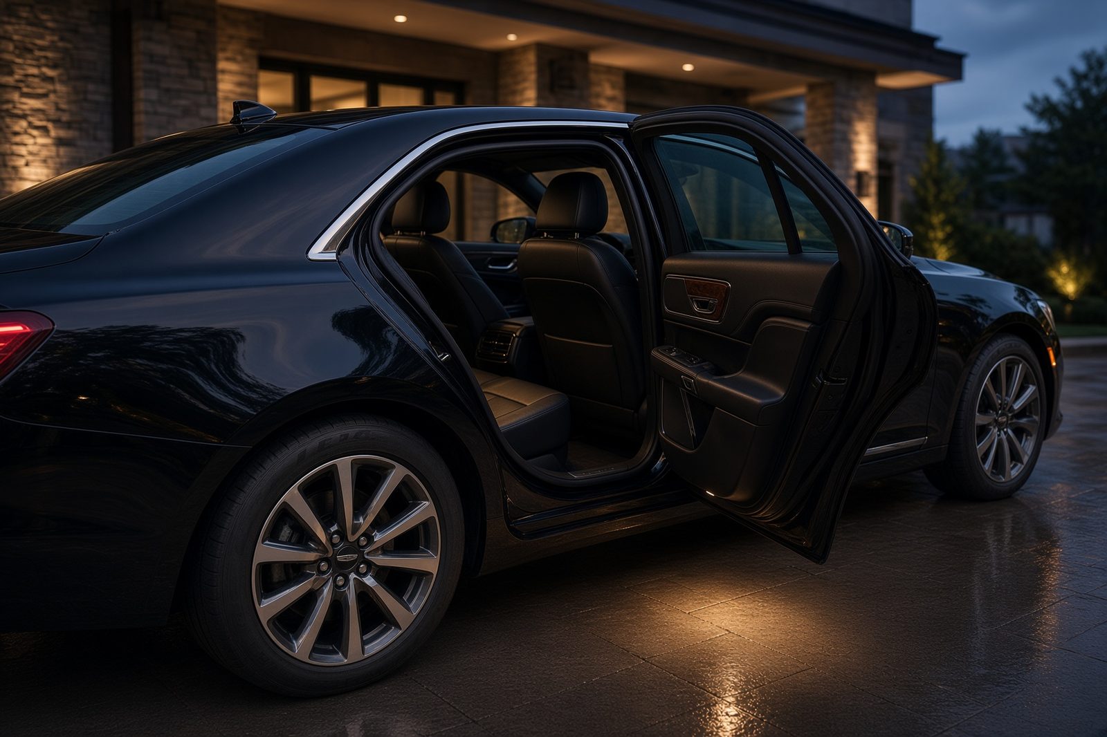 Lincoln Continental with the rear passenger door open and cabin light falling on the drive