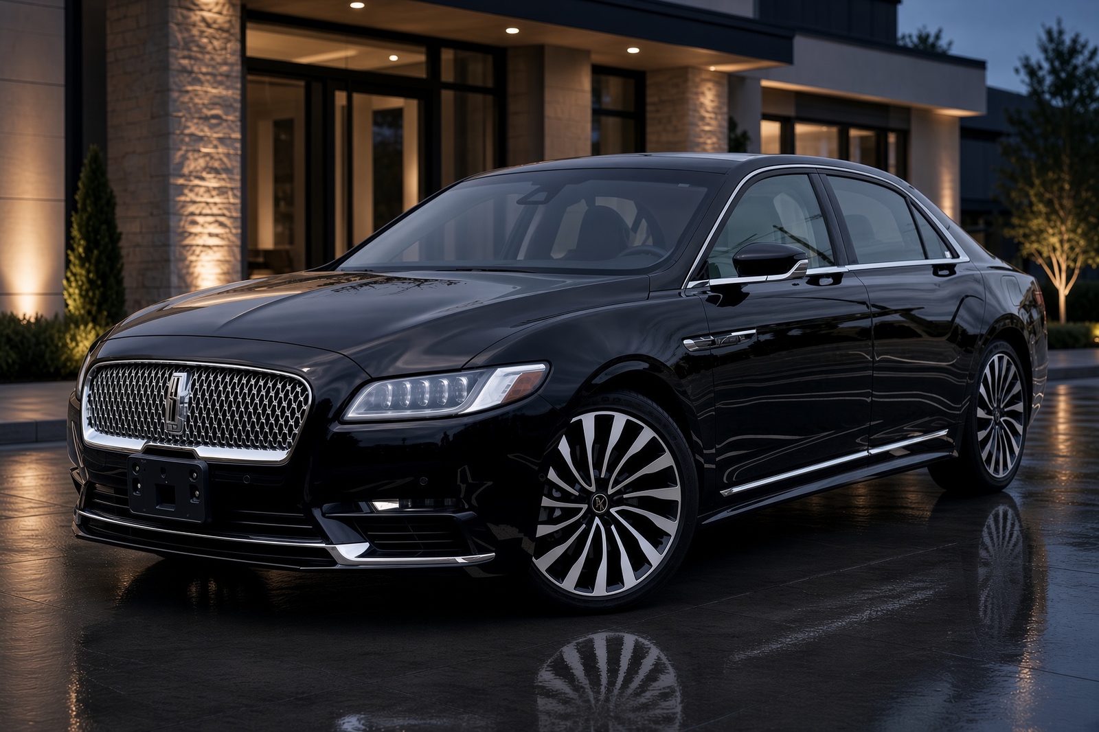 Black Lincoln Continental sedan waiting at a covered entrance in the evening