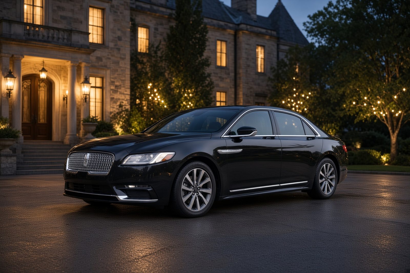 Black Lincoln Continental sedan at a stone estate entrance at dusk