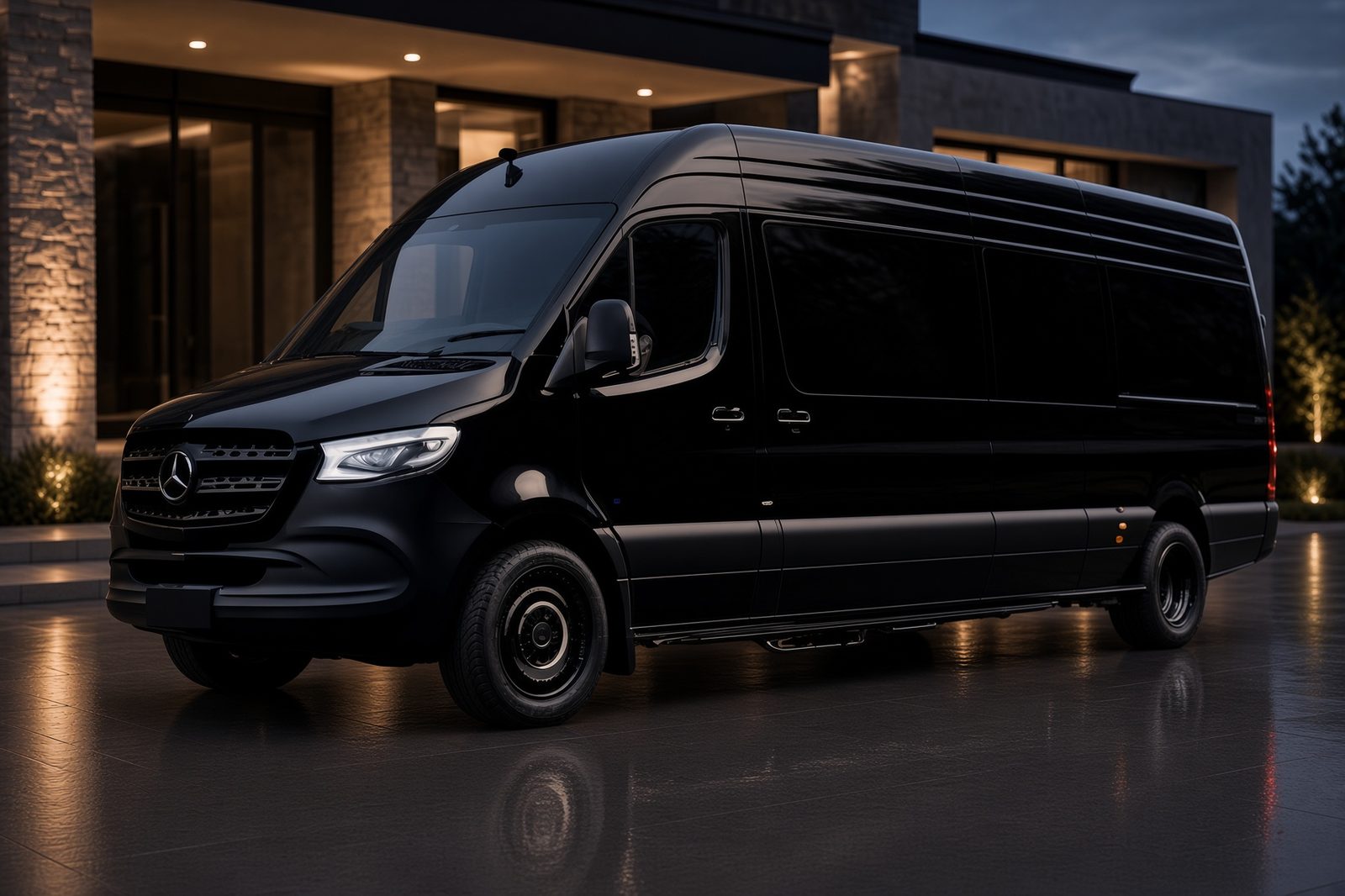 Black Mercedes-Benz Sprinter executive van at a covered entrance
