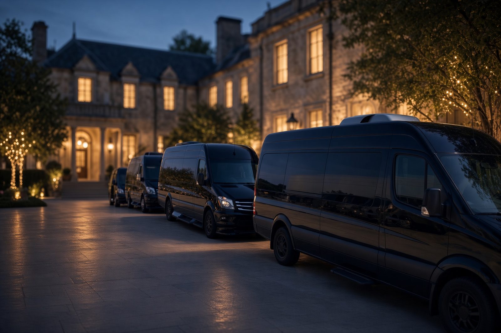 A line of black Mercedes-Benz Sprinter vans at a stone estate entrance at dusk